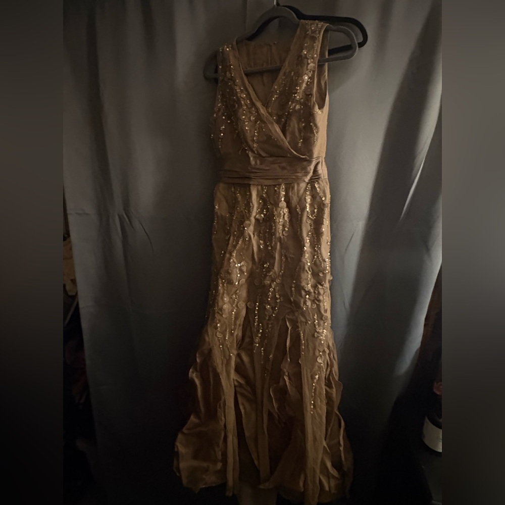 Chic Sequined Brown formal Dress- 100% silk linning